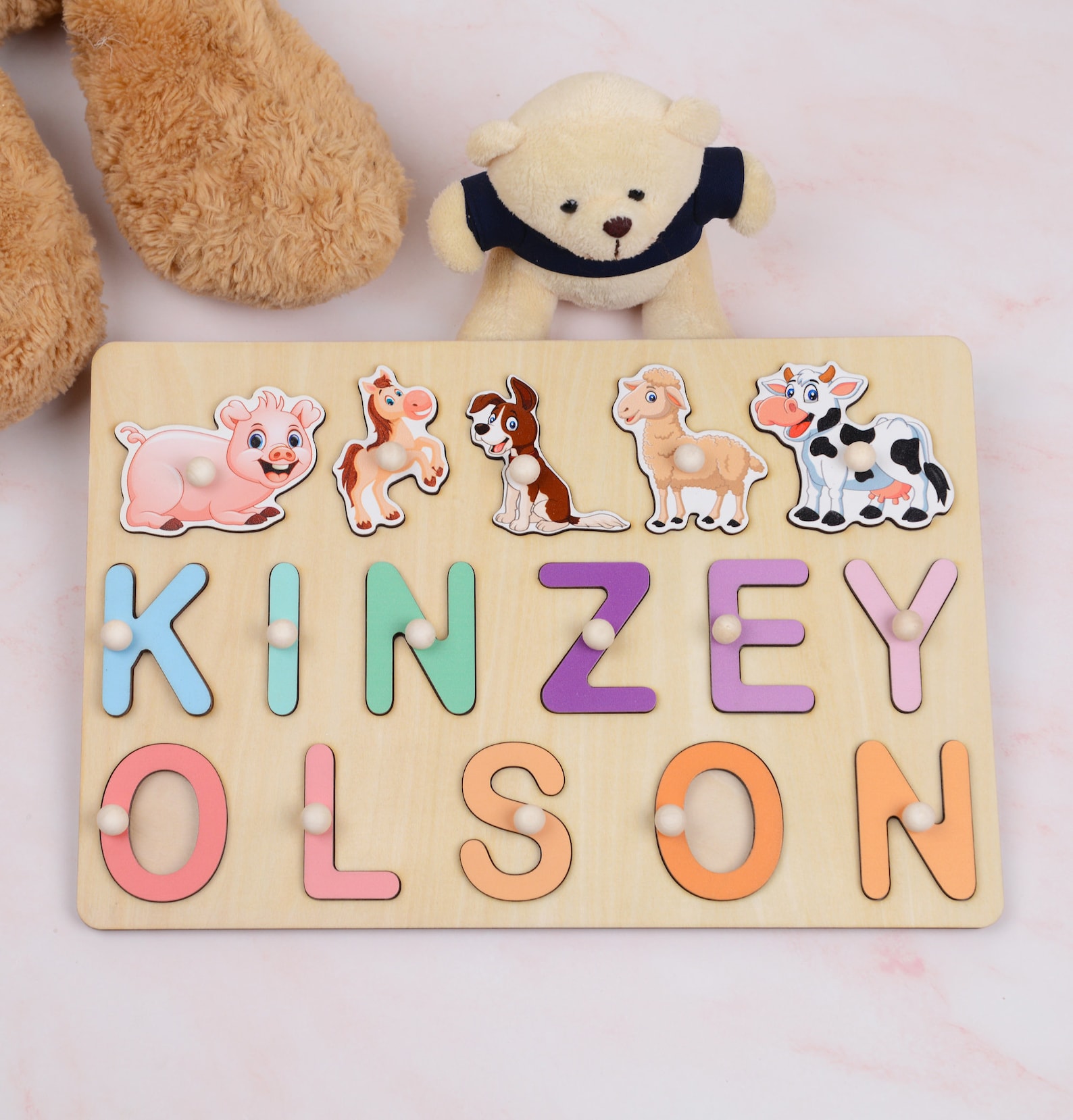Custom Wooden Name Puzzle With Pegs & Animals 1st Birthday Etsy