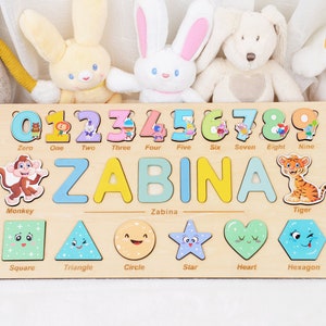 Personalized Kids Name Puzzle with Numbers, Animals, and Shapes - Custom Birthday Gift for Baby Boy or Girl - Wooden Baby Puzzle Name 94A18