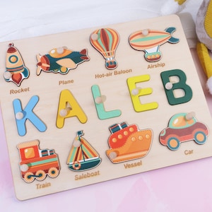Christmas Gift for Babies, 2nd Birthday Gift for Baby Boy, Wooden Name Puzzle with Vehicles, Personalized Wooden Memory Toy, Gift for Nephew image 7