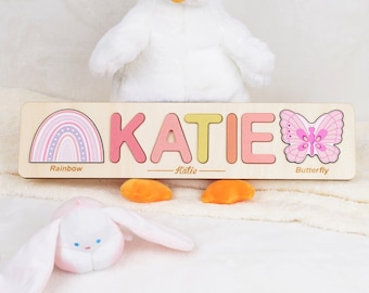 Gift to New Born Girl, Personalized Toddler Puzzle with Colorful Rainbow and Butterfly, Letters Available in 30 colors