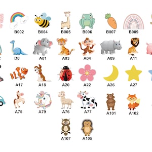 May include: A set of colorful cartoon animal and object stickers. The stickers include a butterfly, rainbow, bee, giraffe, frog, carrot, moon, star, panda, fish, dog, ladybug, flower, car, horse, unicorn, sheep, cow, bear, fox, rabbit, owl, and hedgehog.