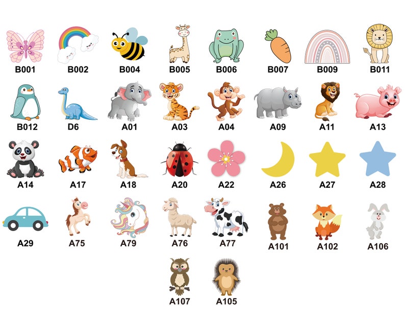 May include: A set of colorful cartoon animal and object stickers. The stickers include a butterfly, rainbow, bee, giraffe, frog, carrot, moon, star, panda, fish, dog, ladybug, flower, car, horse, unicorn, sheep, cow, bear, fox, rabbit, owl, and hedgehog.