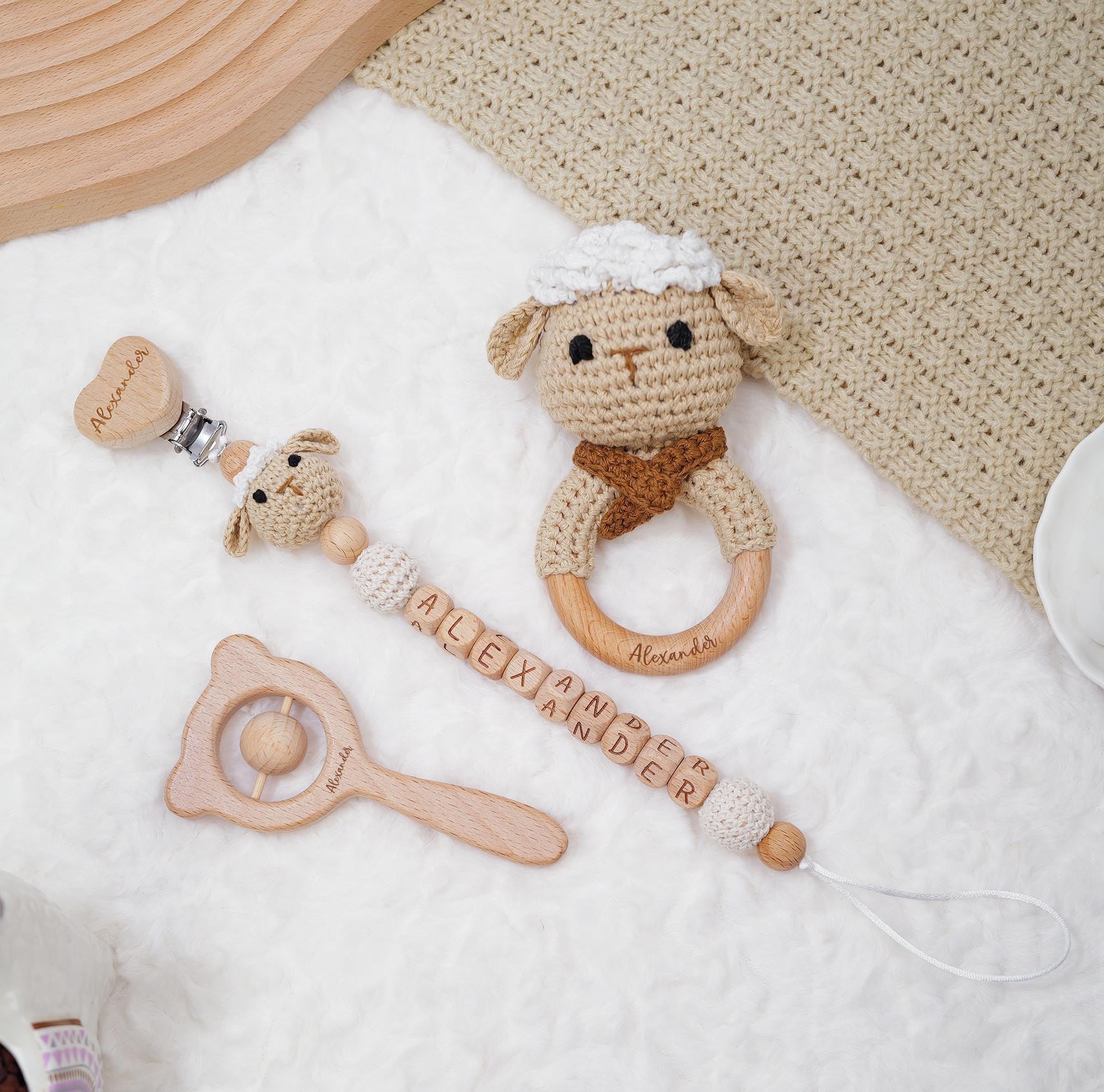 Crochet Lamb Rattle & Pacifier Clip for Babies, Custom Wooden Baby ...