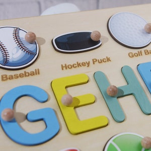 Geburtstagsgeschenke für Jungen, Baby Shower Geschenk, personalisiertes Namenspuzzle mit Kugeln, Ballspiel Holz, Sport Thema Namen Puzzle Bild 8