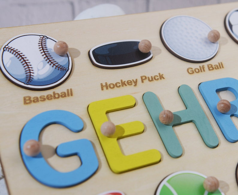 Birthday Gifts for Boys, Baby Shower Gift, Personalized Name Puzzle with Balls, Ball Game Wooden Matching Board, Sports Theme Name Puzzle image 8