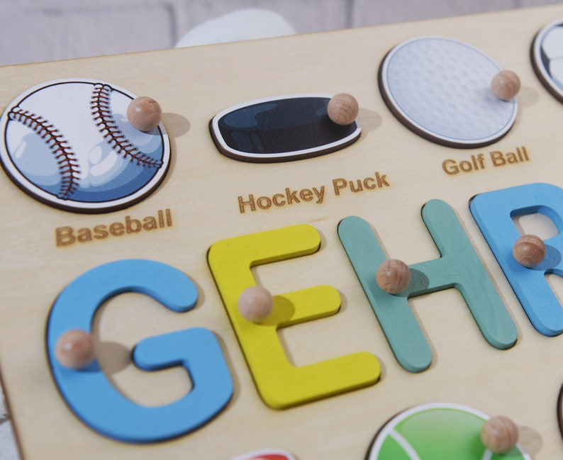 Verjaardagscadeaus voor jongens, babyshowercadeau, gepersonaliseerde naampuzzel met ballen, balspel houten bijpassend bord, sportthema naampuzzel afbeelding 8