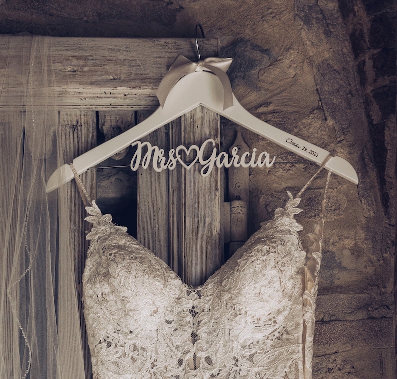 Rustic Wedding Hanger with Custom Bride Name & Date Engraved, Bridal Shower Gift, Wood Name Bridal Hanger, Wedding Gift for Bride and Groom 