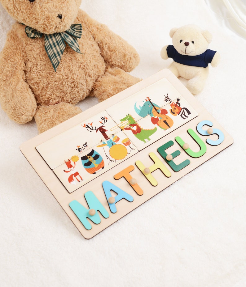 Toddlers Name Puzzle With Pegs & Animals Band Montessori Etsy