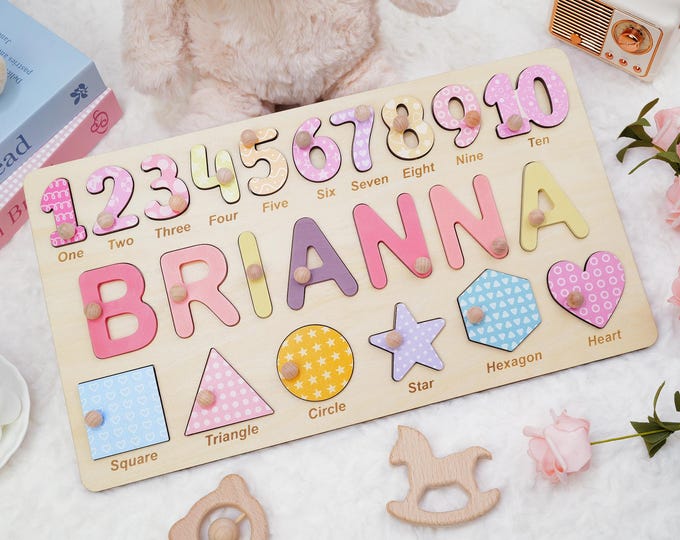Personalized Wooden Name Puzzle Gift for Boys & Girls, Custom Baby Gifts Name Puzzle with Numbers, Geometry Shapes, Back Engraving