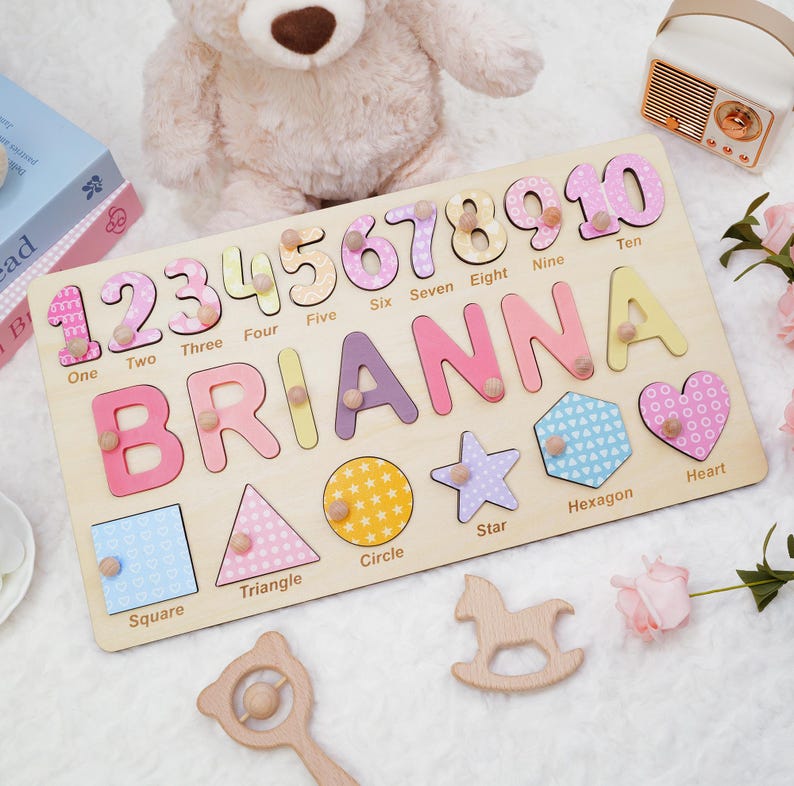 Personligt namnpussel i trä, present till pojkar och flickor, anpassade babygåvor, namnpussel med siffror, geometriska former, gravyr på baksidan Numbers+1name+shapes
