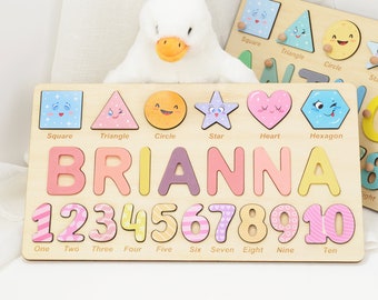 Algebraic Wooden Name Puzzle, Preschool Puzzle Toys for Girls, Personalized Name and Number Puzzle, Educational Puzzle for Learning Shapes