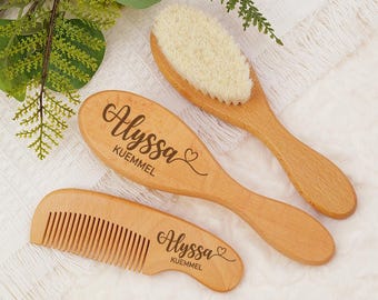 Personalized Baby Hairbrush & Comb Set – Engraved Wooden Brush for Newborns, Soft Bristles, Baby Shower Gift, Newborn Keepsake, Grooming Set