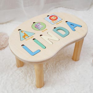 Spersonalizowany stołek Puzzle z imieniem – spersonalizowana ławka dla maluchów w wieku 1–3 lat – drewniany edukacyjny prezent na pierwsze Boże Narodzenie, urodziny lub baby shower