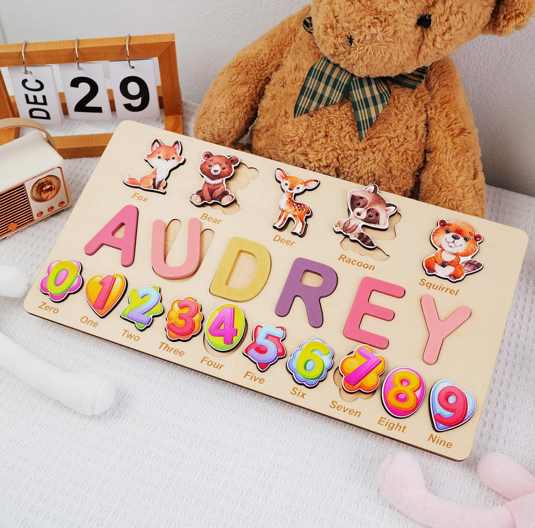 Custom Wooden Name Puzzle With Numbers and Animals, Personalized Toy ...