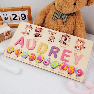 Quebra-cabeça de nome de madeira personalizado com números e animais, presentes de brinquedo personalizados para bebês e crianças, presente único para bebês, presente exclusivo para crianças