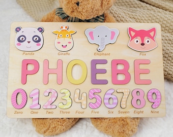 Gepersonaliseerde naampuzzel met cijfers en dieren, 2e verjaardag babycadeau, aangepast kraamcadeau, kinderspeelgoedcadeau, aangepast houten speelgoed