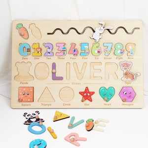 Personalized Wooden Puzzle with Shapes, Animals, and Numbers 0-9, Baby Birthday Gift, Busy Board for Toddler, Kids Gift, Educational Toy image 4