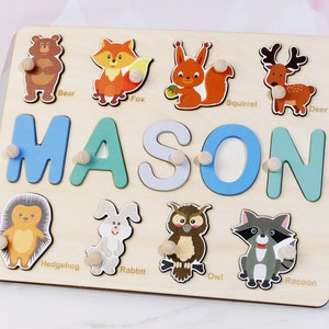 One Year Old Boy Gift, Personalized Baby Name Puzzle, Woodland Animal Toy with Name, Unique Gift for 3 year Old Baby Boy Birthday Present