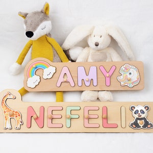 Personalisiertes Namenspuzzle aus Holz mit Klammern und Tieren, Puzzlename Baby Holzgeschenke für Babys, Kinderzimmer Dekor Mädchen, Baby Shower