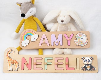 Puzzle de nom en bois personnalisé avec des chevilles et des animaux, nom de puzzle Cadeaux en bois pour bébés, fille de décoration de chambre de bébé, douche de bébé