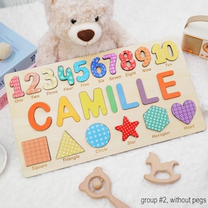 Gepersonaliseerde houten naampuzzel met vormen en cijfers • Aangepast puzzelcadeau voor peuters • Montessori-leerspeelgoed • Babyaandenken afbeelding 7