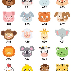 May include: A set of 20 colourful animal face illustrations, each with a unique expression. The animals include a bear, panda, hippopotamus, fox, pig, rabbit, cat, dog, monkey, sheep, giraffe, elephant, lion, koala, cow, frog, chicken, duck, horse, and tiger.