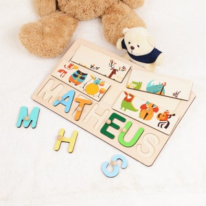 Puzzle de nom pour tout-petits avec chevilles et bande d'animaux, jouets pour enfants Montessori, cadeau de fête de naissance personnalisé 1er anniversaire, cadeau de Noël de décoration de chambre d'enfant image 2