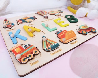 Birthday Gift for Baby Boys, Vehicles Words Matching Game, Wooden Name Puzzle, Personalized Wooden Memory Toy, Christmas Gift for Babies