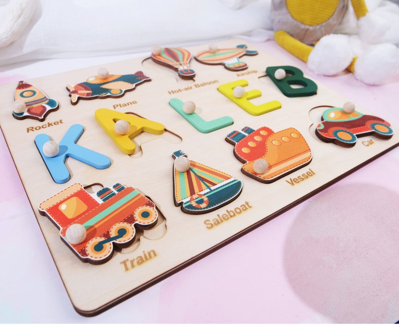 Christmas Gift for Babies, 2nd Birthday Gift for Baby Boy, Wooden Name Puzzle with Vehicles, Personalized Wooden Memory Toy, Gift for Nephew image 4