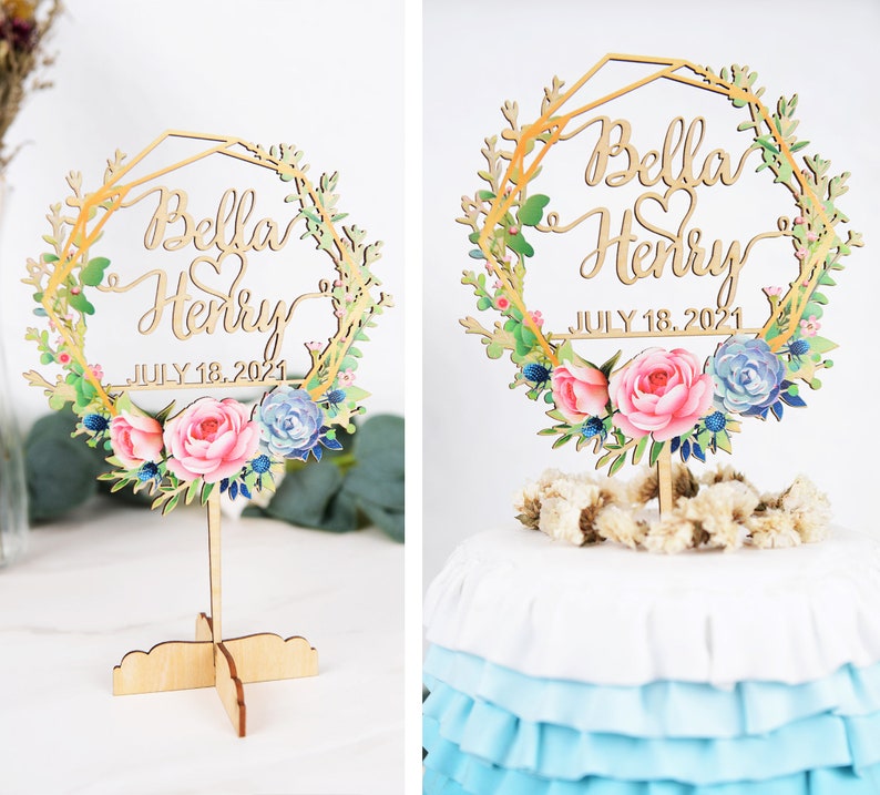 Mr and Mrs Cake Topper for Garden Wedding Boho Forest Outdoor Rustic, Personalized Cake Topper with Water Color Floral Wreath Clip Art image 5