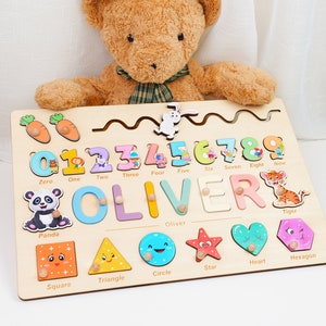 Personalized Wooden Puzzle with Shapes, Animals, and Numbers 0-9, Baby Birthday Gift, Busy Board for Toddler, Kids Gift, Educational Toy image 2