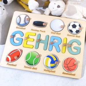 Birthday Gifts for Boys, Baby Shower Gift, Personalized Name Puzzle with Balls, Ball Game Wooden Matching Board, Sports Theme Name Puzzle image 5