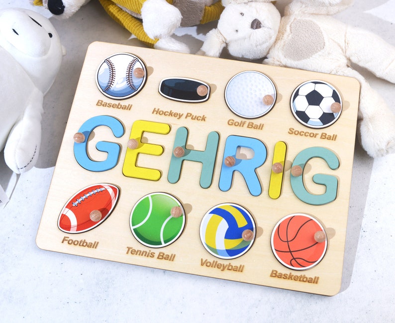 Geburtstagsgeschenke für Jungen, Baby Shower Geschenk, personalisiertes Namenspuzzle mit Kugeln, Ballspiel Holz, Sport Thema Namen Puzzle Bild 5