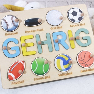 Birthday Gifts for Boys, Baby Shower Gift, Personalized Name Puzzle with Balls, Ball Game Wooden Matching Board, Sports Theme Name Puzzle image 6