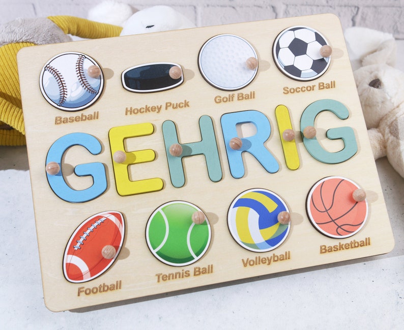 Geburtstagsgeschenke für Jungen, Baby Shower Geschenk, personalisiertes Namenspuzzle mit Kugeln, Ballspiel Holz, Sport Thema Namen Puzzle Bild 6