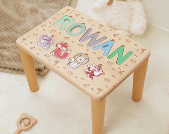 Personalized Wooden Name Puzzle Step Stool: Educational Toddler Gift, Custom Alphabet Bench for Kids