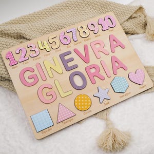 Personligt namnpussel i trä, present till pojkar och flickor, anpassade babygåvor, namnpussel med siffror, geometriska former, gravyr på baksidan Numbers+2names+shape