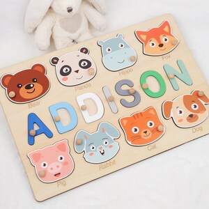 Personalized Wooden Name Puzzle with Animal Heads, Baby Shower Gift for Girl or Boy 1 Year Old Niece Birthday, Learning Toy for Toddlers