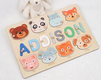 Personalized Wooden Name Puzzle with Animal Heads, Baby Shower Gift for Girl or Boy 1 Year Old Niece Birthday, Learning Toy for Toddlers