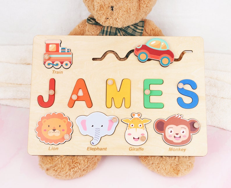 Wooden Name Puzzle, Custom Busy Board Puzzle, Personalized Baby Boy Gift, Thanksgiving Gift, 3 Years Old Kids Montessori Toy, 3rd Birthday image 1
