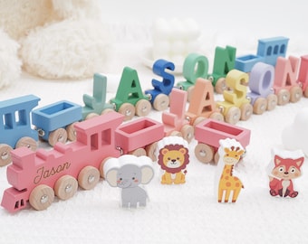Baby’s First Train | Personalized Wooden Name Toy | Custom Magnetic Train set with Animals | Unique Baby’s First Christmas or Shower Gift