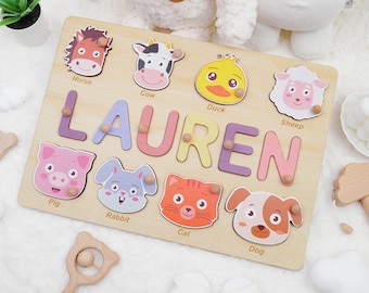 Personalized Wooden Name Puzzle for Girls, Colorful Educational Toy with Name and Animals,  Preschoolers Christmas Gift