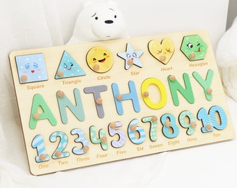 Custom Wooden Name Puzzle, Preschool Puzzle Toy Gift for Boys, Personalized Name Puzzle with Shapes and Numbers, 3rd Birthday Baby Gifts