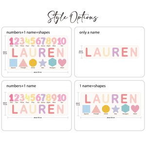 May include: Four different design options for a personalized name and number wall decal. The designs include a name with numbers 1-10, a name with numbers 1-10 and shapes, a name only, and a name with shapes. The name in the example is "Lauren".