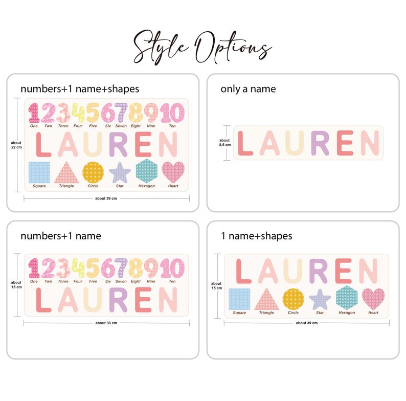 May include: Four different design options for a personalized name and number wall decal. The designs include a name with numbers 1-10, a name with numbers 1-10 and shapes, a name only, and a name with shapes. The name in the example is "Lauren".