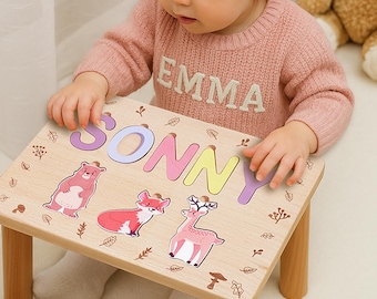 Banco de degrau para criança com nome personalizado, feito à mão, banco com nome personalizado, quebra-cabeça, presente de aniversário para bebê, presente de batismo, decoração de berçário