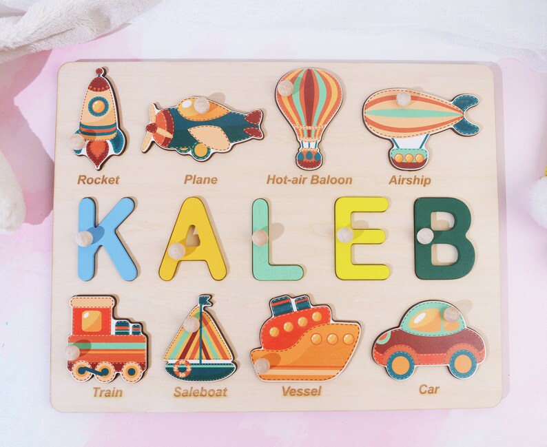 Birthday Gift for Baby Boys, Vehicles Words Matching Game, Wooden Name Puzzle, Personalized Wooden Memory Toy, Christmas Gift for Babies image 8