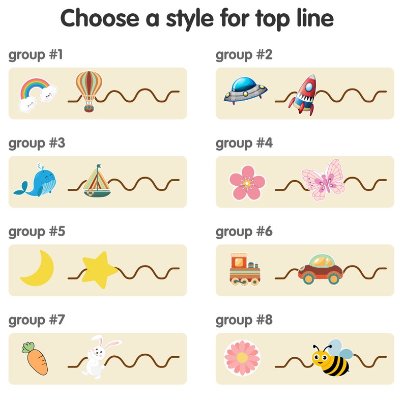 May include: A graphic showing eight different groups of images, each with a wavy brown line. The groups are labelled "group #1" through "group #8". Each group has two images, such as a rainbow and a hot air balloon, a UFO and a rocket, a whale and a sailboat, a flower and a butterfly, a crescent moon and a star, a train and a car, a carrot and a rabbit, and a flower and a bee.