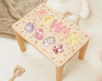 Banquinho personalizado com quebra-cabeça de nome para meninas, banquinho de madeira para crianças, banquinho personalizado para bebês, presente de primeiro aniversário para bebês, presente de batismo para crianças