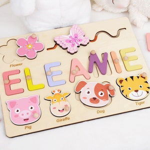 Personalized Baby Busy Board Name Puzzle Montessori Toy Birthday or Christmas Gift for Toddlers, Custom Name Puzzle for Baby Girl or Boy top+name+4 animals